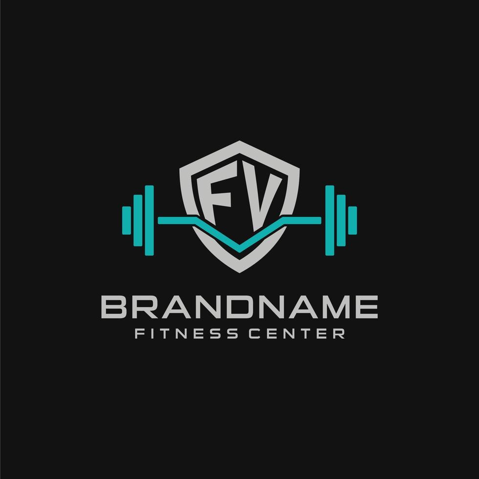 Creative letter FV logo design for gym or fitness with simple shield and barbell design style vector