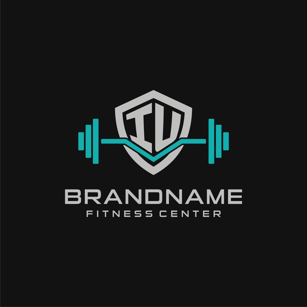 Creative letter IU logo design for gym or fitness with simple shield and barbell design style vector