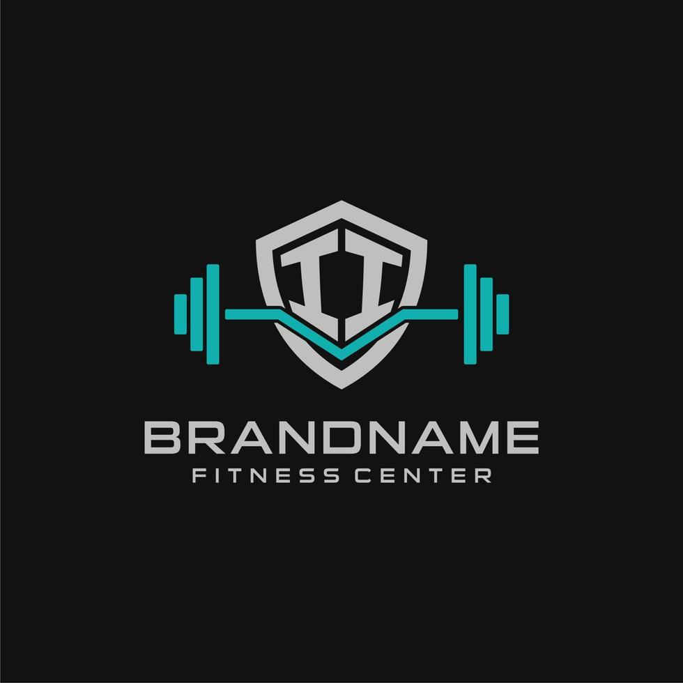 Creative letter II logo design for gym or fitness with simple shield and barbell design style vector