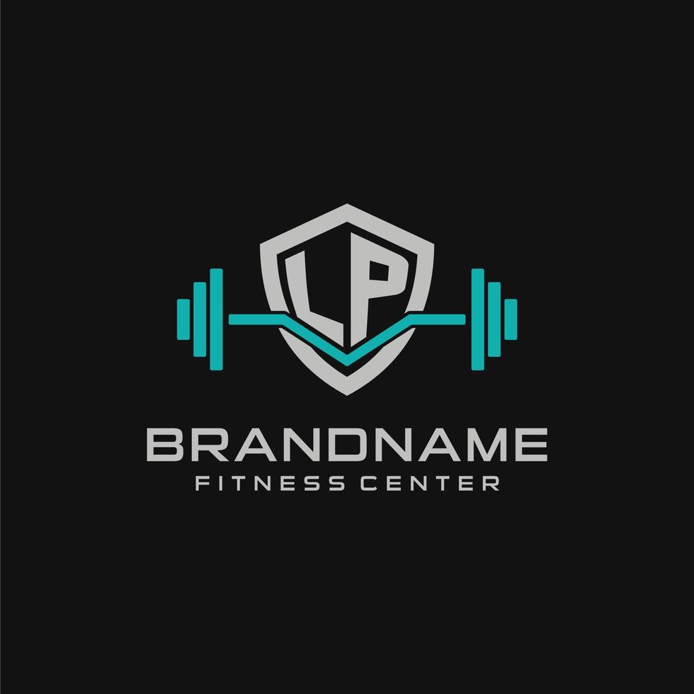 Creative letter LP logo design for gym or fitness with simple shield and barbell design style vector