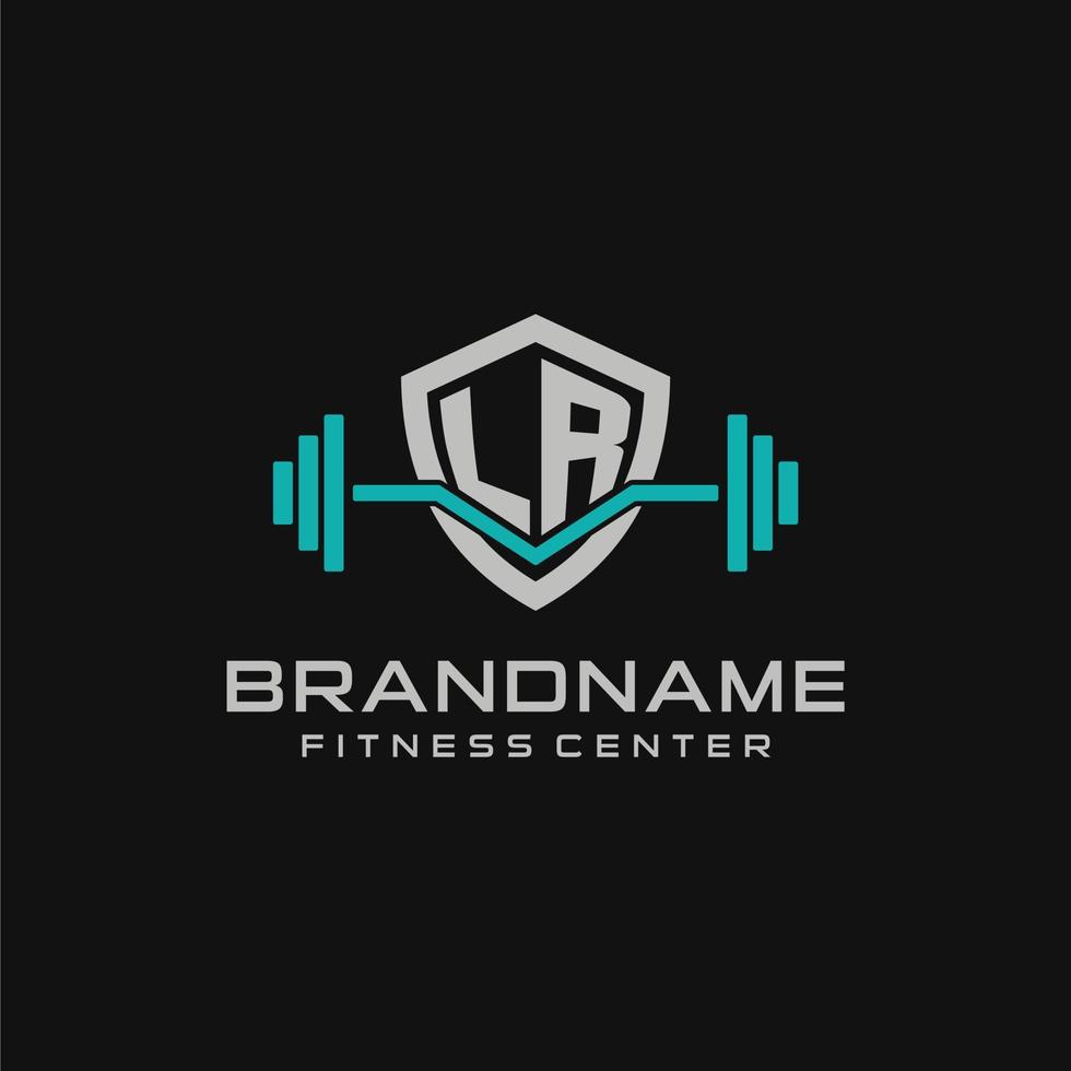 Creative letter LR logo design for gym or fitness with simple shield and barbell design style vector