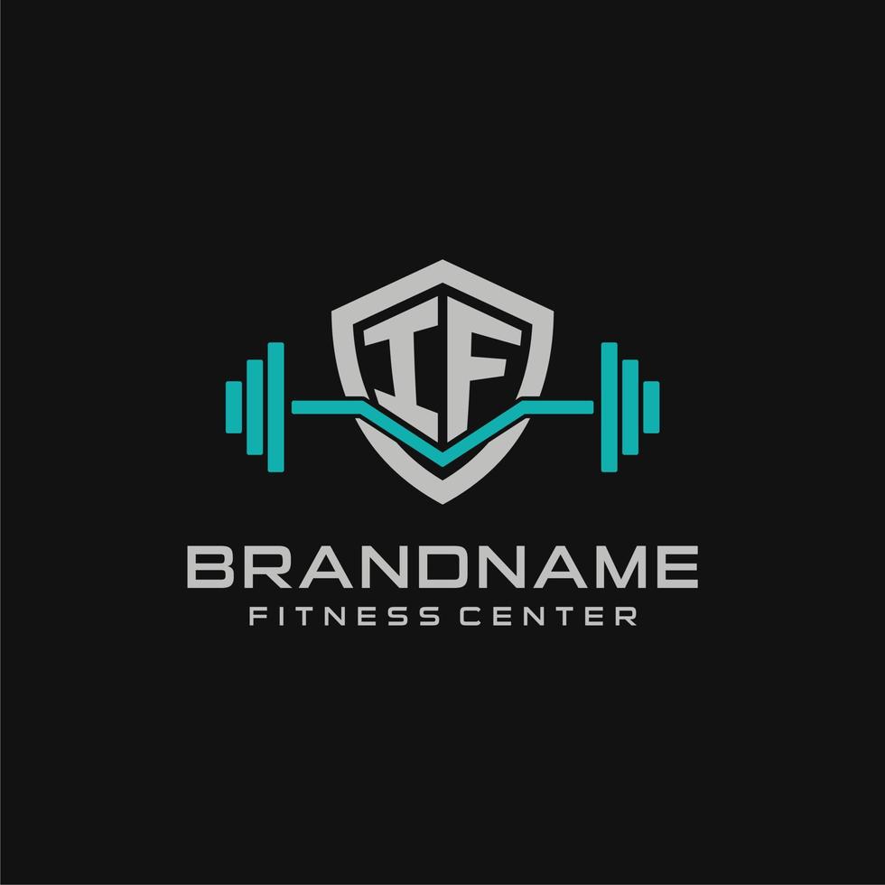 Creative letter IF logo design for gym or fitness with simple shield and barbell design style vector