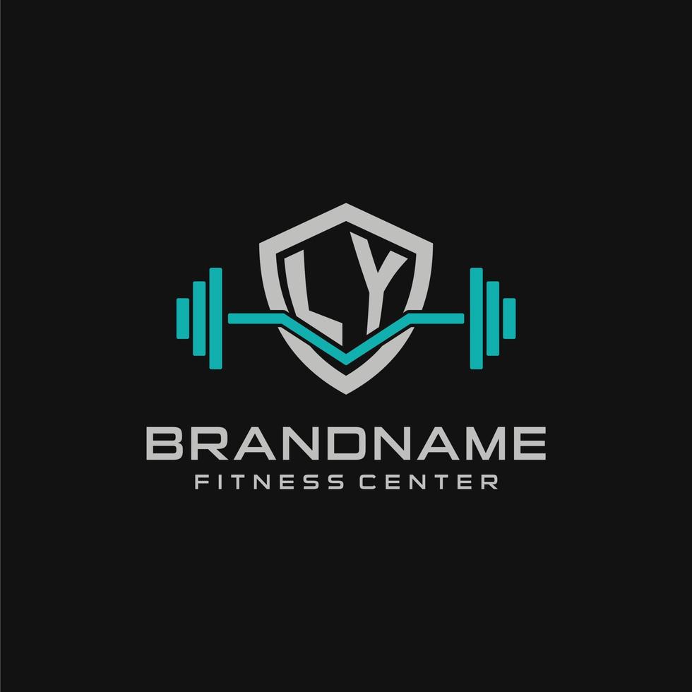 Creative letter LY logo design for gym or fitness with simple shield and barbell design style vector
