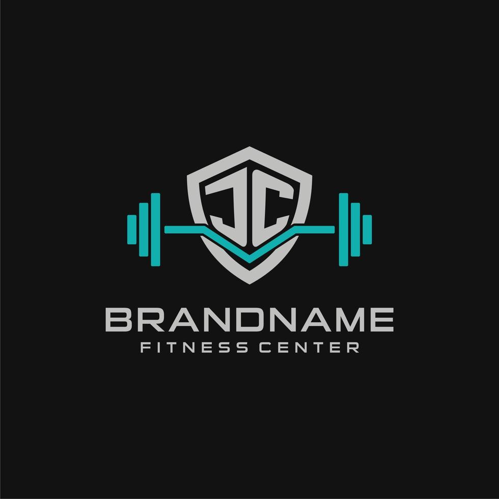 Creative letter JC logo design for gym or fitness with simple shield and barbell design style vector