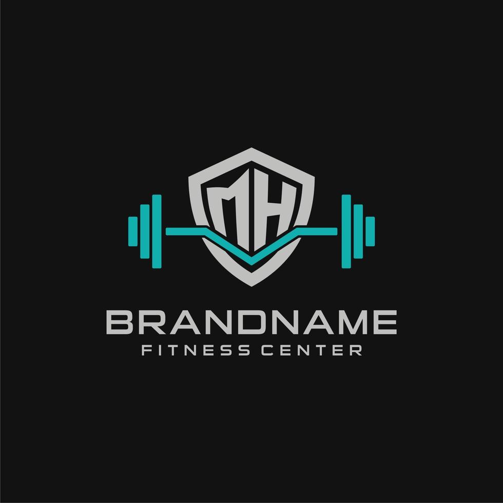 Creative letter MH logo design for gym or fitness with simple shield and barbell design style vector