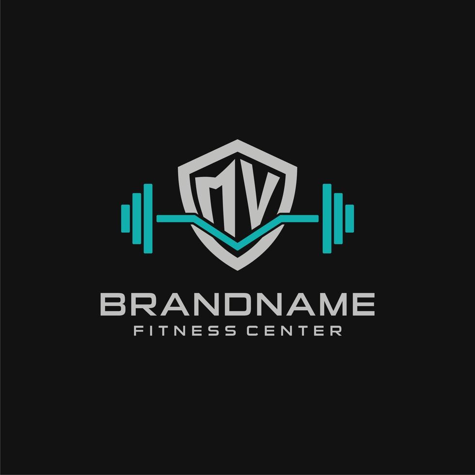 Creative letter MV logo design for gym or fitness with simple shield and barbell design style vector