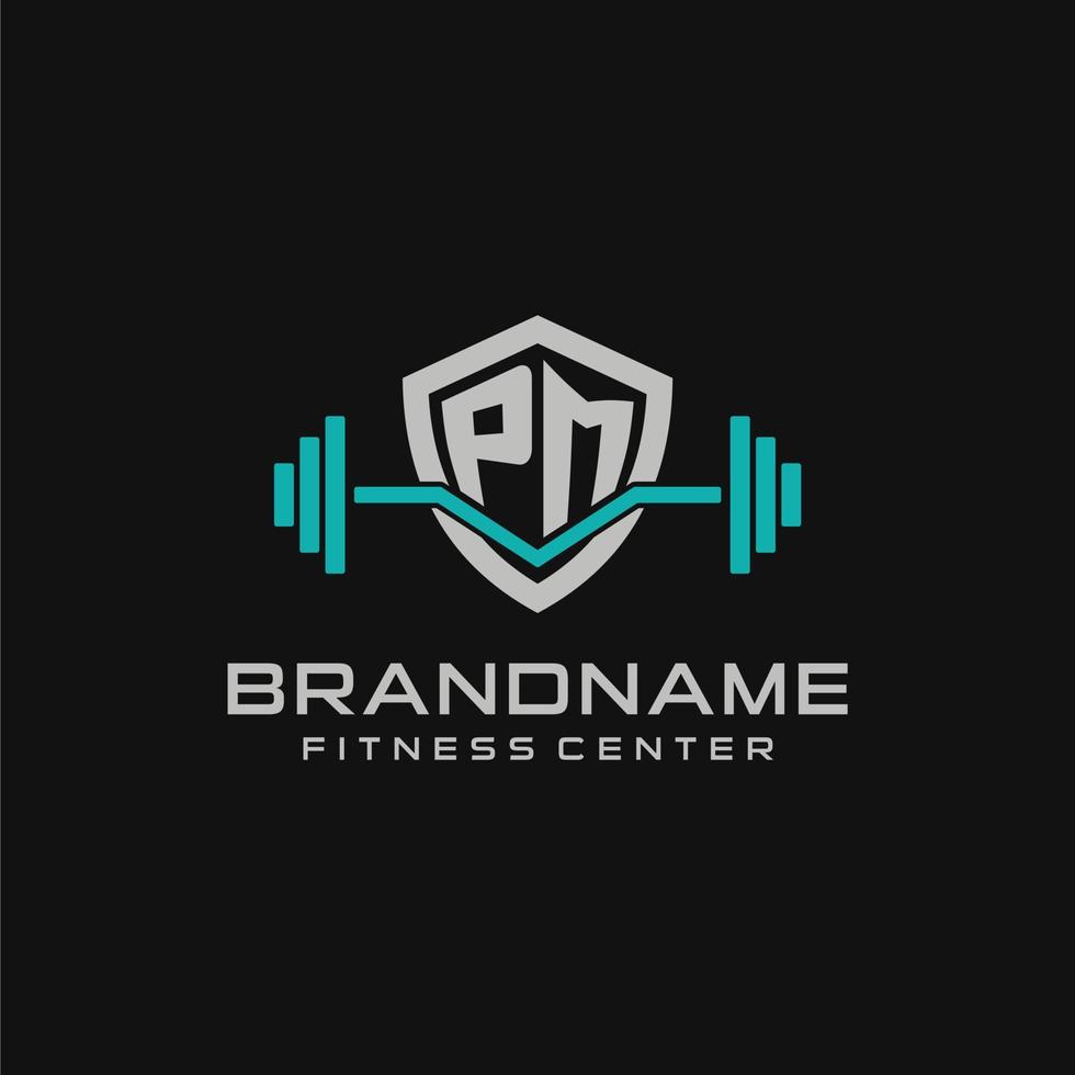 creativo letra pm logo diseño para gimnasio o aptitud con sencillo proteger y barra con pesas diseño estilo vector