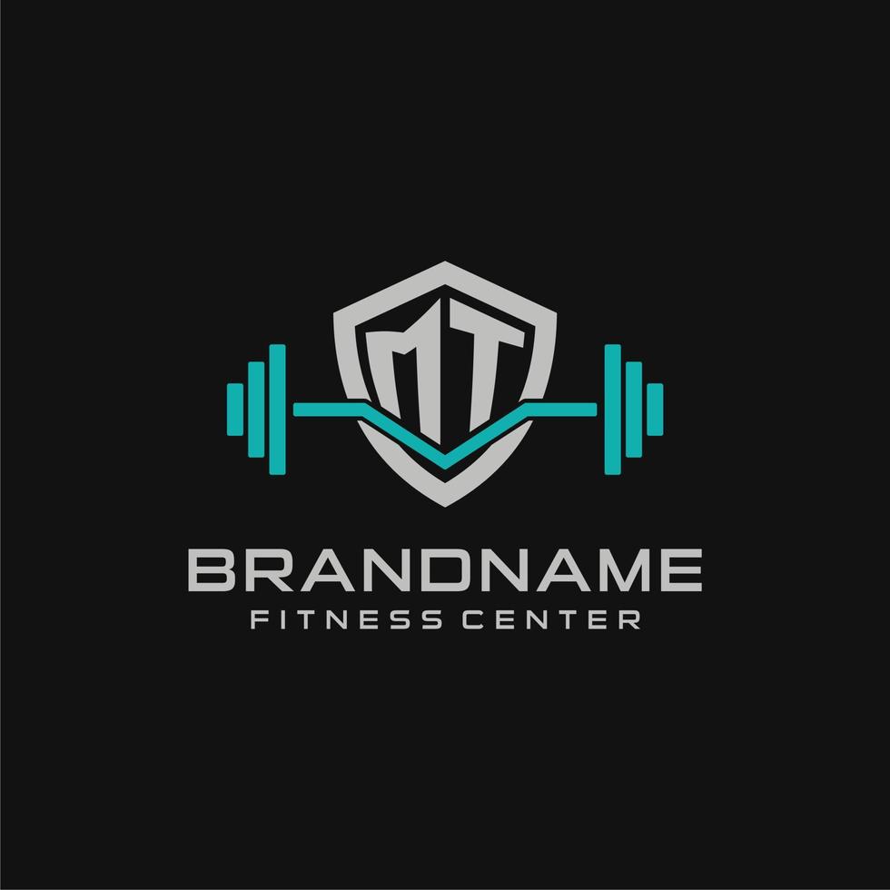 creativo letra monte logo diseño para gimnasio o aptitud con sencillo proteger y barra con pesas diseño estilo vector