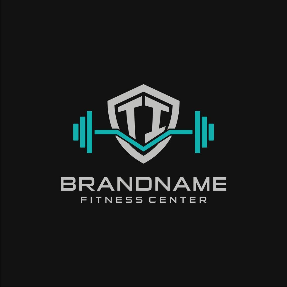 Creative letter TI logo design for gym or fitness with simple shield and barbell design style vector
