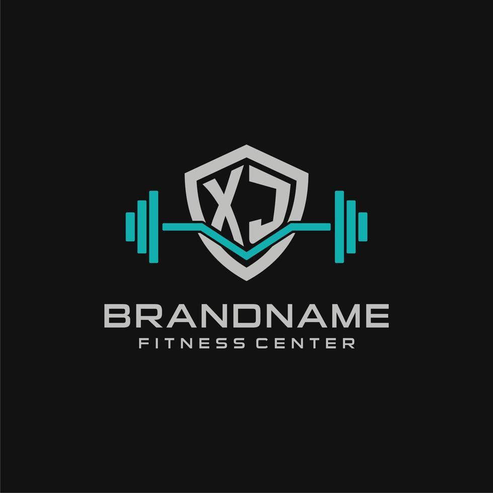 Creative letter XJ logo design for gym or fitness with simple shield and barbell design style vector