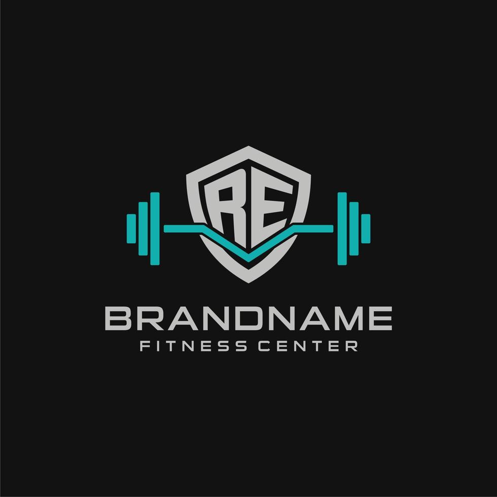 Creative letter RE logo design for gym or fitness with simple shield and barbell design style vector