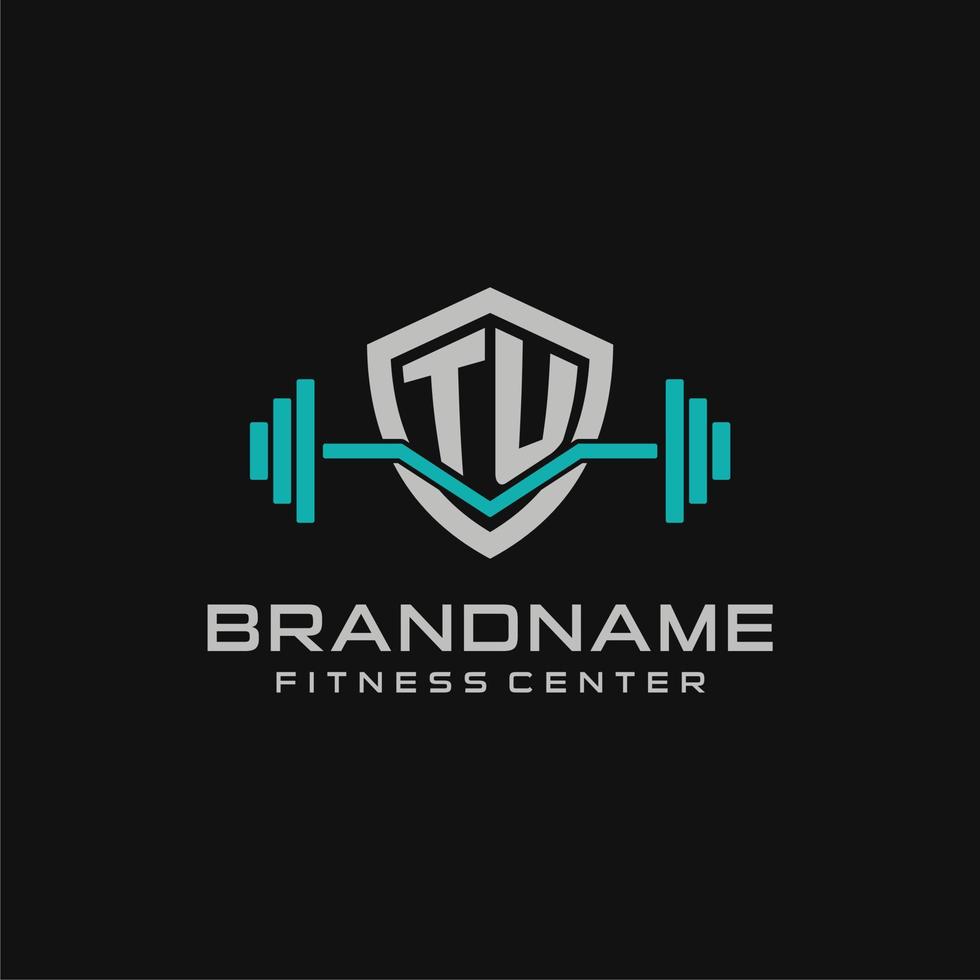 Creative letter TU logo design for gym or fitness with simple shield and barbell design style vector