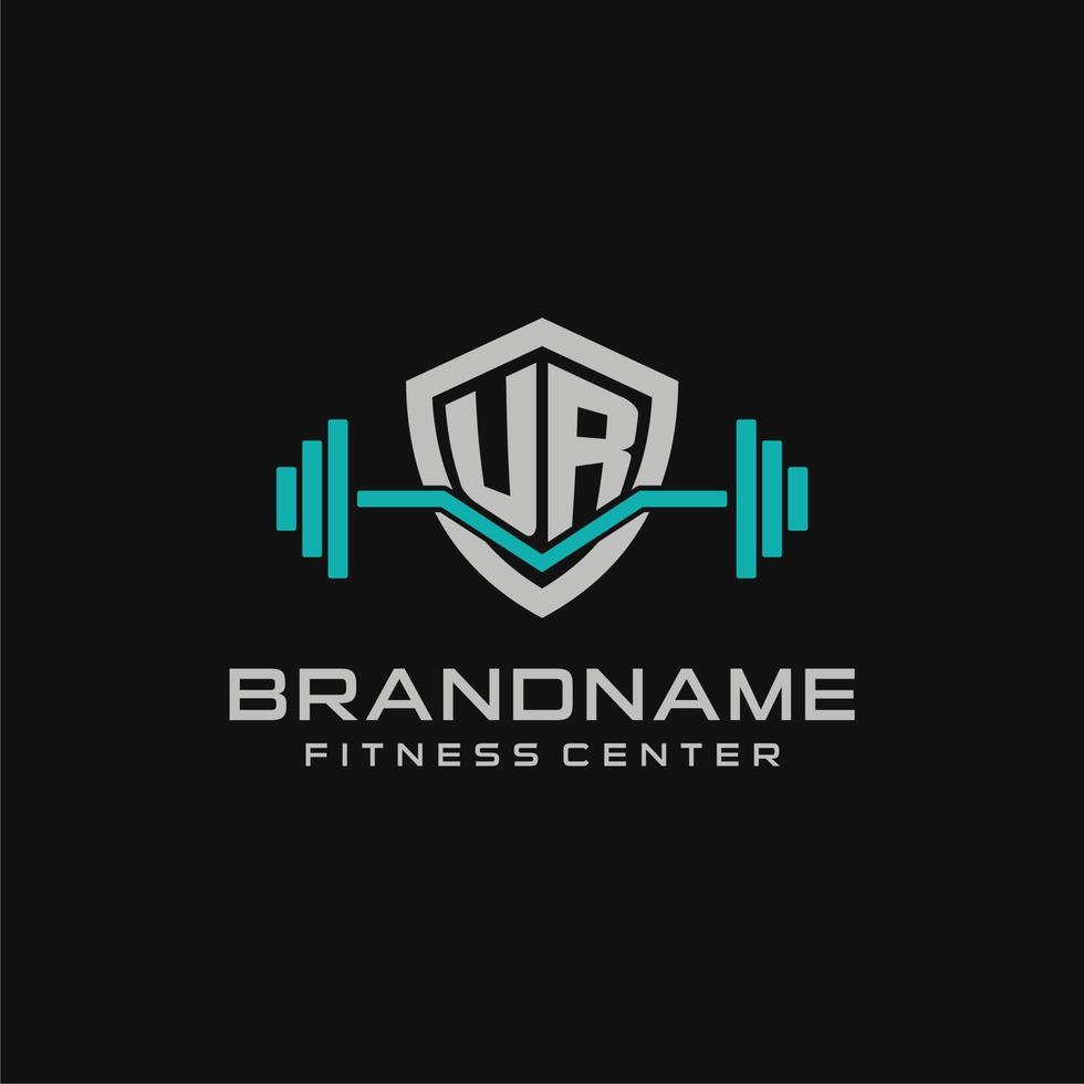 Creative letter UR logo design for gym or fitness with simple shield and barbell design style vector