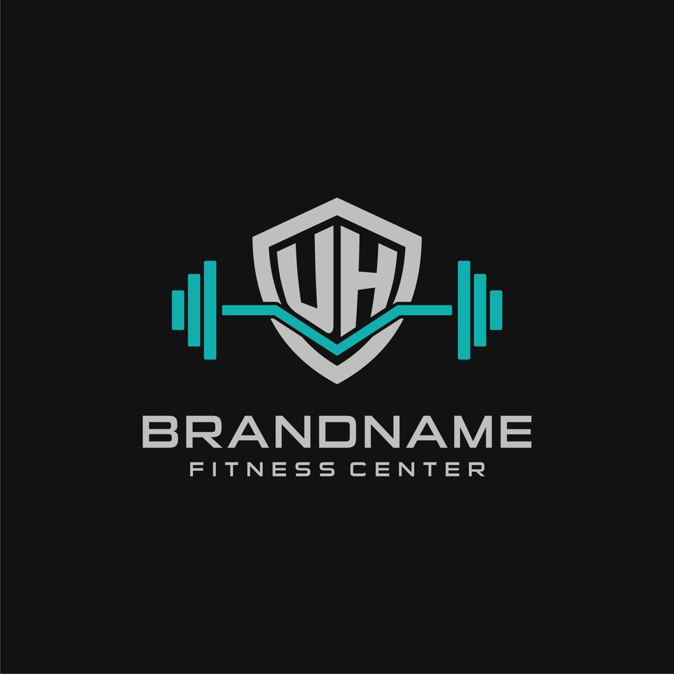 Creative letter UH logo design for gym or fitness with simple shield and barbell design style vector