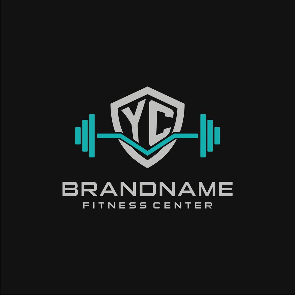 Creative letter YC logo design for gym or fitness with simple shield and barbell design style vector
