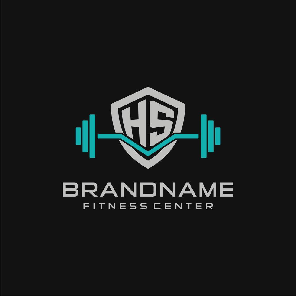 Creative letter HS logo design for gym or fitness with simple shield and barbell design style vector