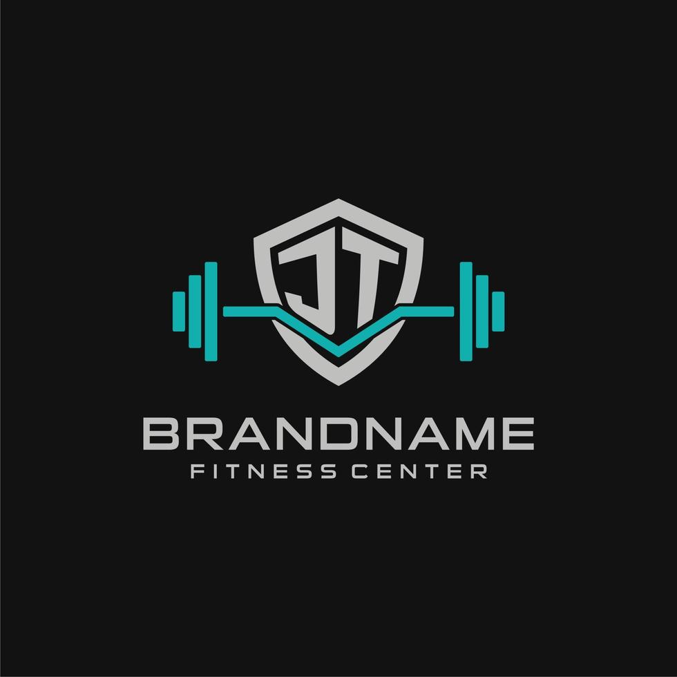 Creative letter JT logo design for gym or fitness with simple shield and barbell design style vector