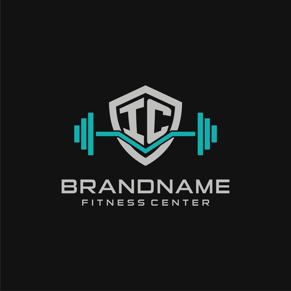 Creative letter IC logo design for gym or fitness with simple shield and barbell design style vector