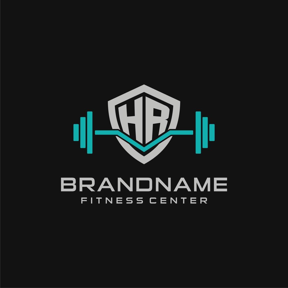 Creative letter HR logo design for gym or fitness with simple shield and barbell design style vector