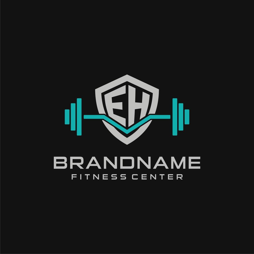 Creative letter EH logo design for gym or fitness with simple shield and barbell design style vector