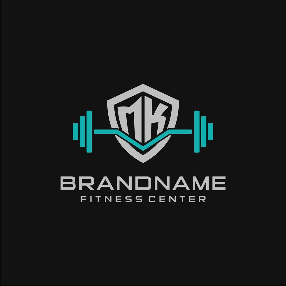 Creative letter MK logo design for gym or fitness with simple shield and barbell design style vector