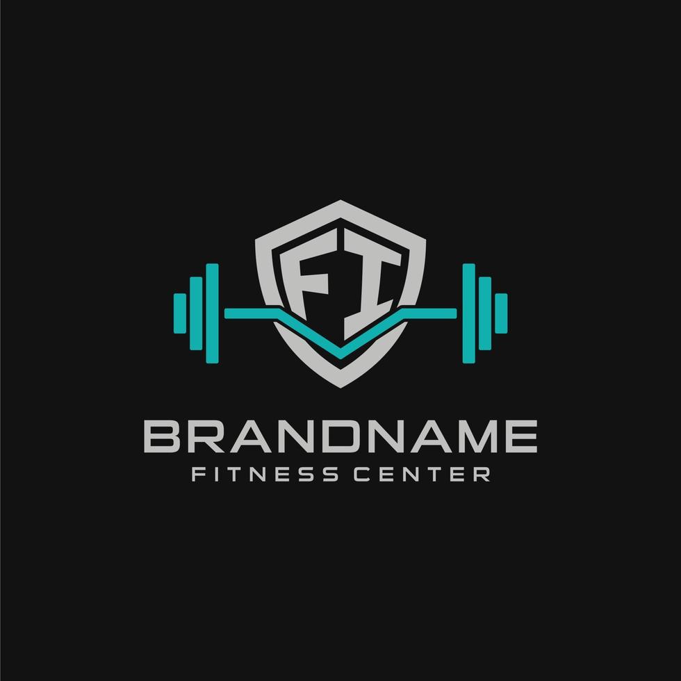 creativo letra fi logo diseño para gimnasio o aptitud con sencillo proteger y barra con pesas diseño estilo vector