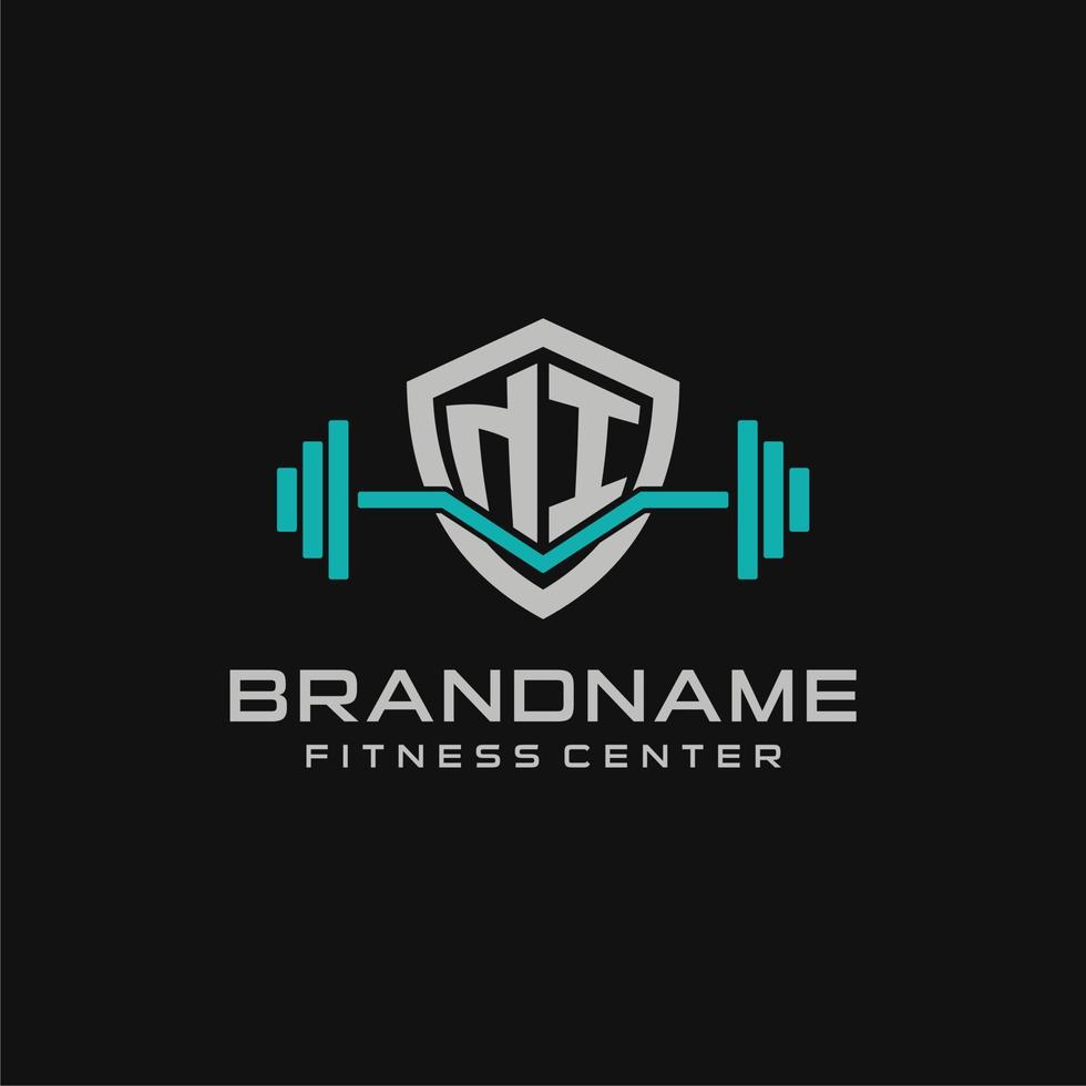 Creative letter NI logo design for gym or fitness with simple shield and barbell design style vector