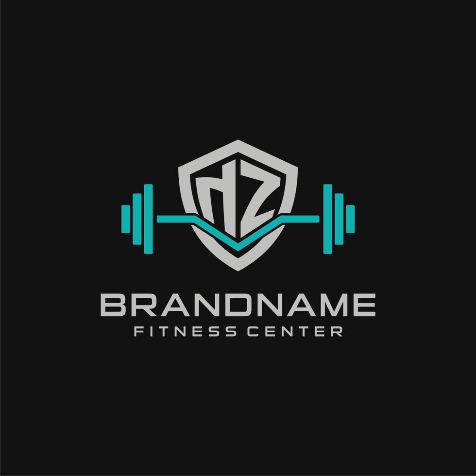 Creative letter NZ logo design for gym or fitness with simple shield and barbell design style vector