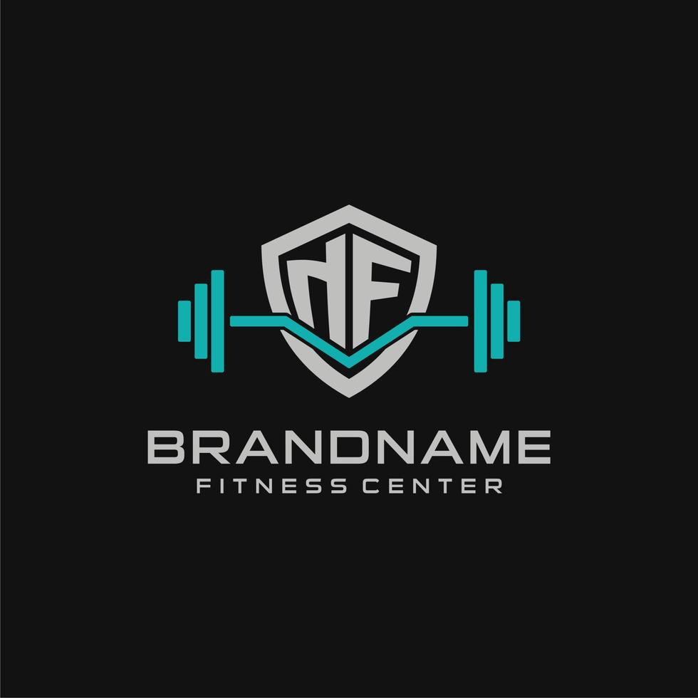 Creative letter NF logo design for gym or fitness with simple shield and barbell design style vector
