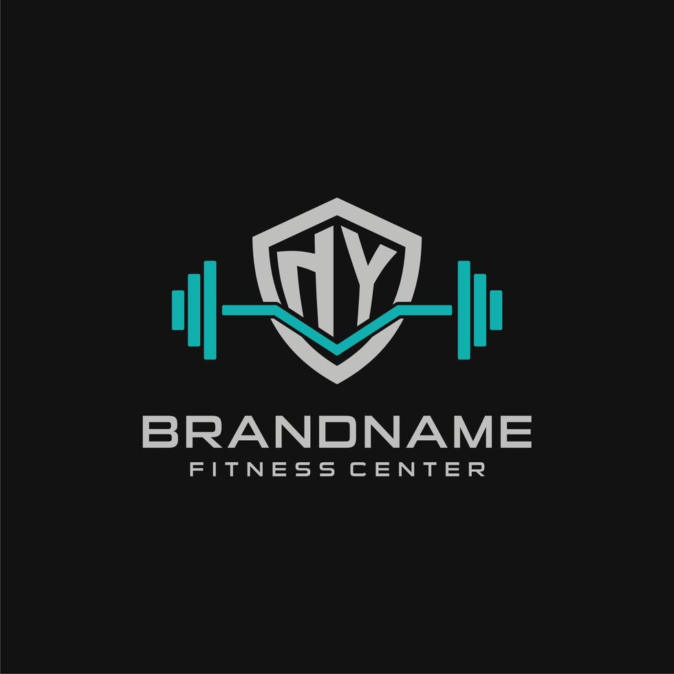 Creative letter NY logo design for gym or fitness with simple shield and barbell design style vector
