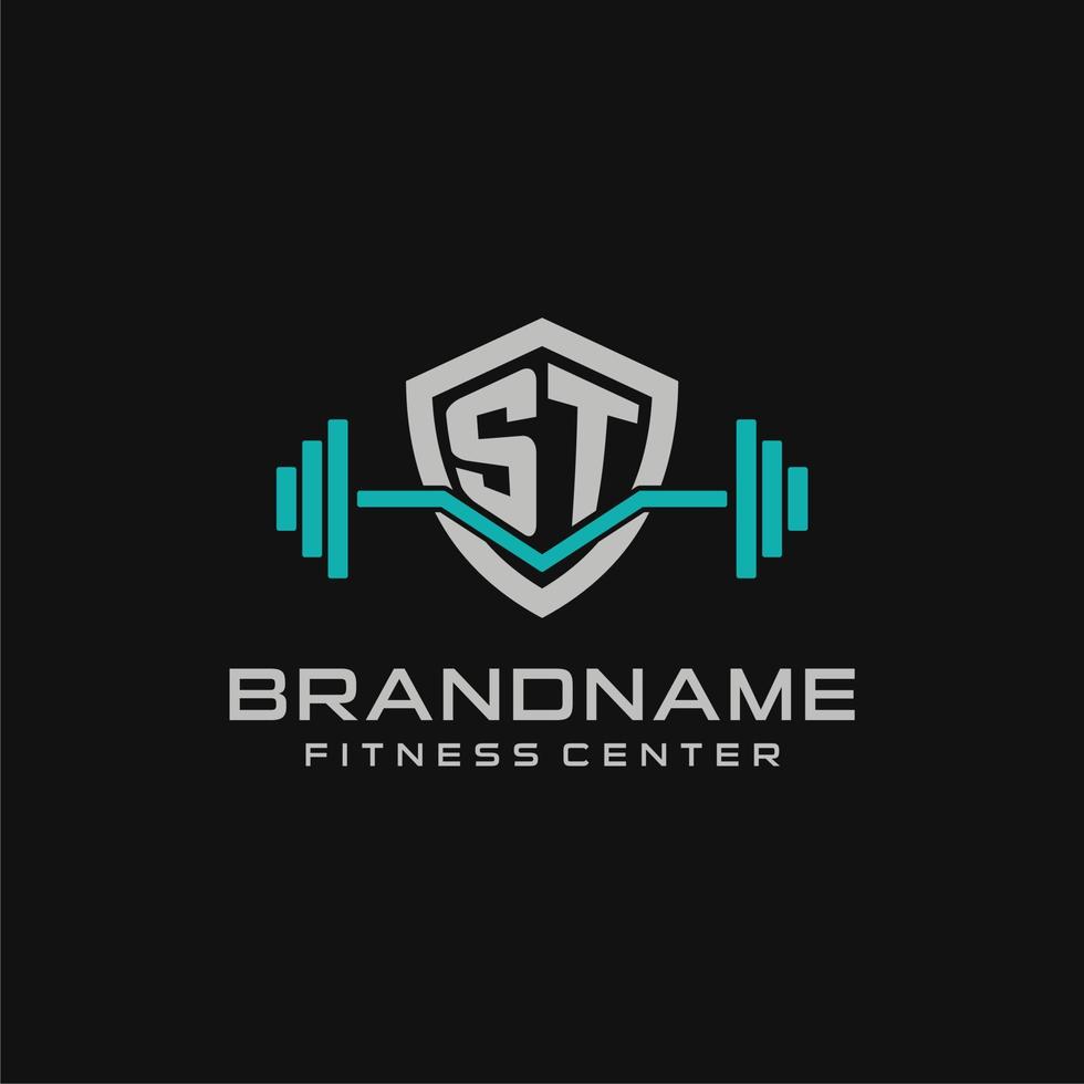 Creative letter ST logo design for gym or fitness with simple shield and barbell design style vector