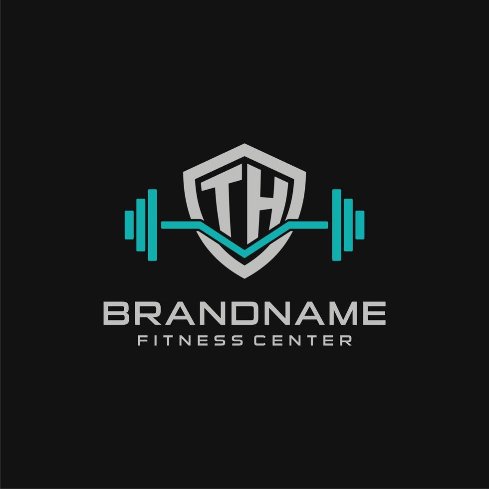Creative letter TH logo design for gym or fitness with simple shield and barbell design style vector