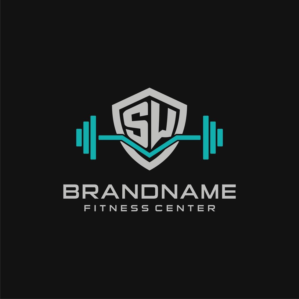 Creative letter SW logo design for gym or fitness with simple shield and barbell design style vector
