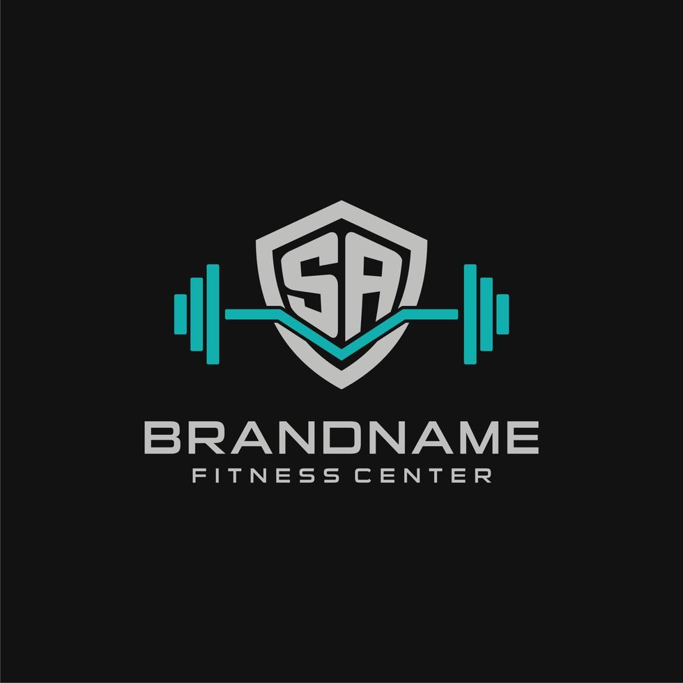 Creative letter SA logo design for gym or fitness with simple shield and barbell design style vector