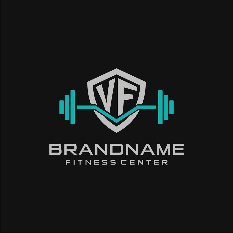 Creative letter VF logo design for gym or fitness with simple shield and barbell design style vector