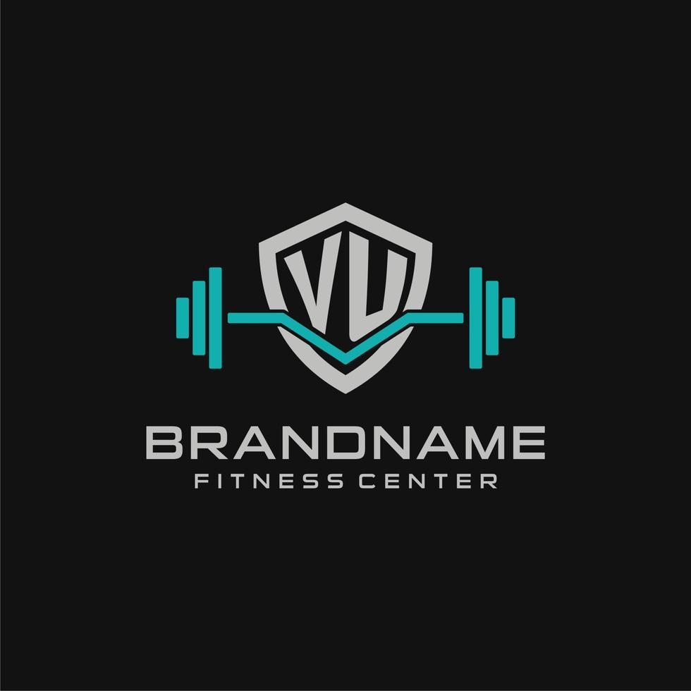 Creative letter VU logo design for gym or fitness with simple shield and barbell design style vector