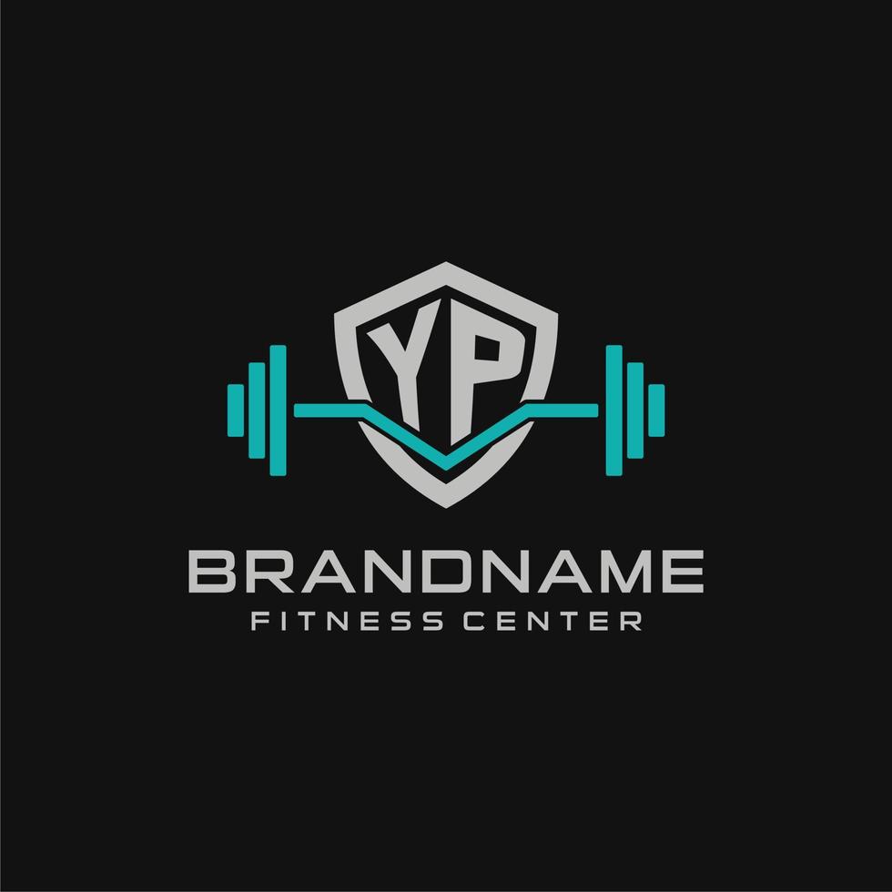 Creative letter YP logo design for gym or fitness with simple shield and barbell design style vector