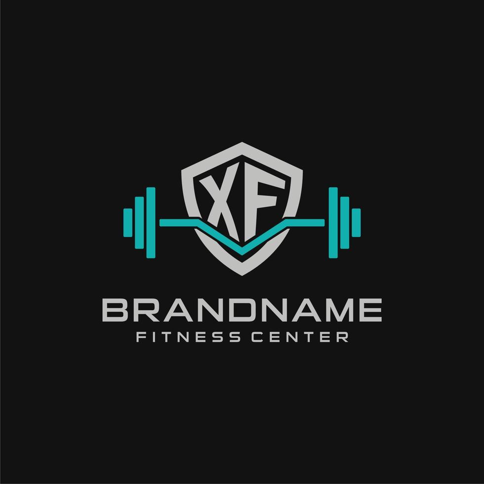 Creative letter XF logo design for gym or fitness with simple shield and barbell design style vector