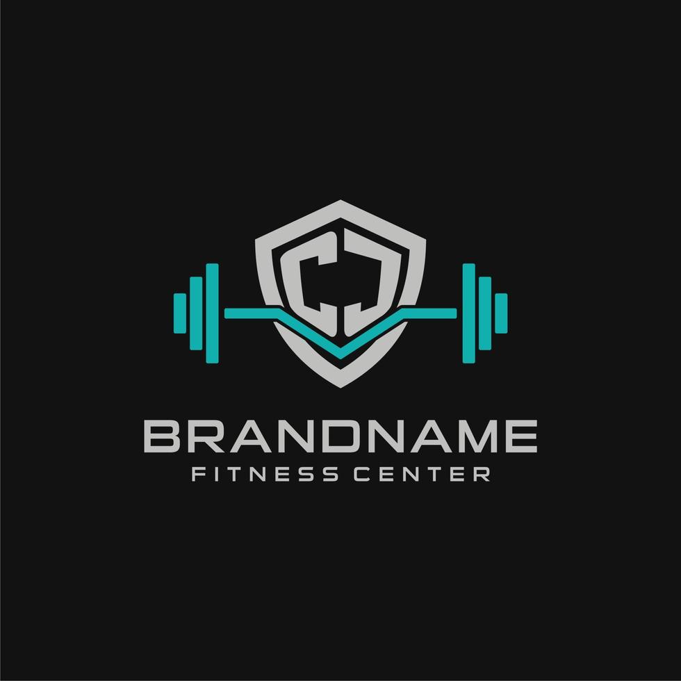 Creative letter CJ logo design for gym or fitness with simple shield and barbell design style vector