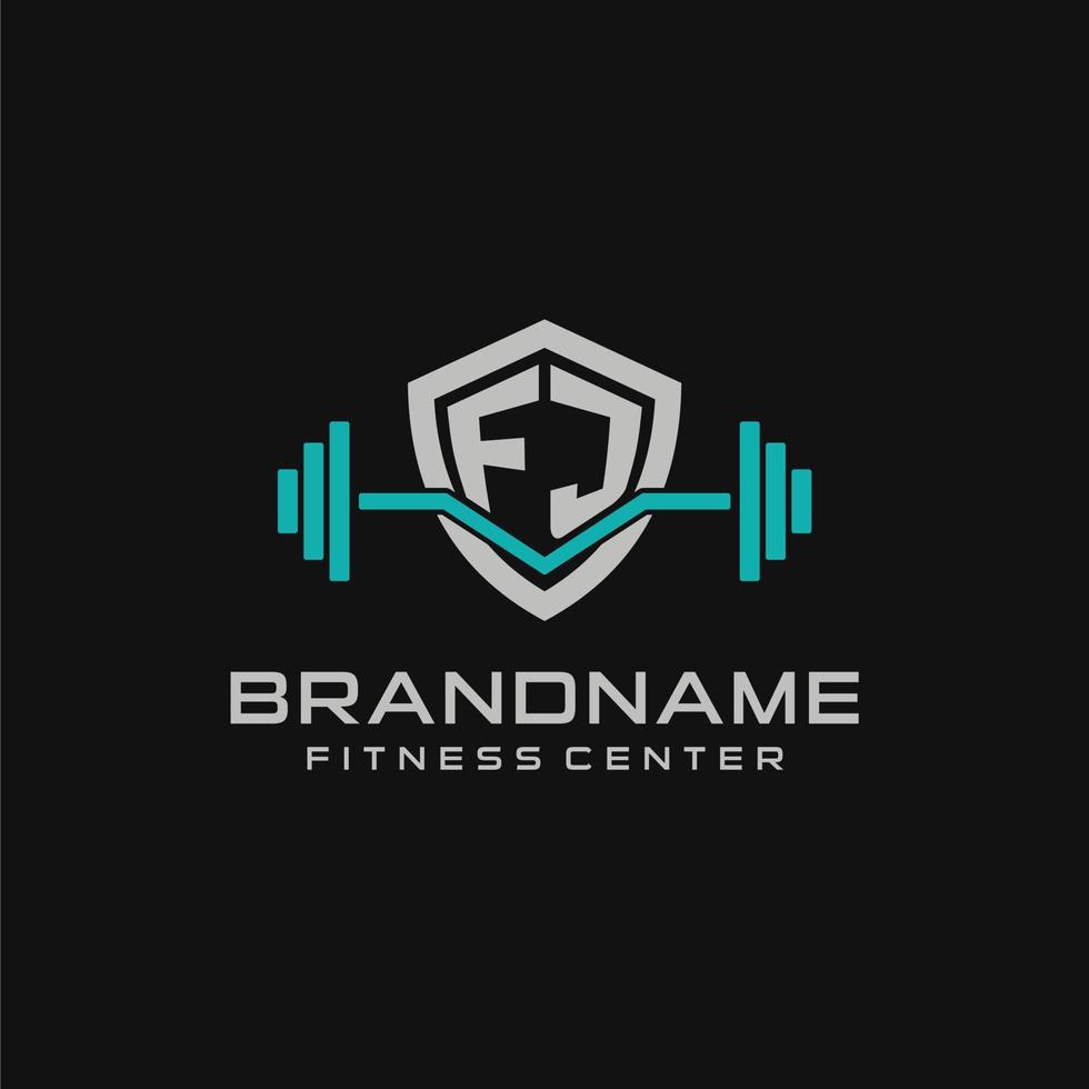 Creative letter FJ logo design for gym or fitness with simple shield and barbell design style vector
