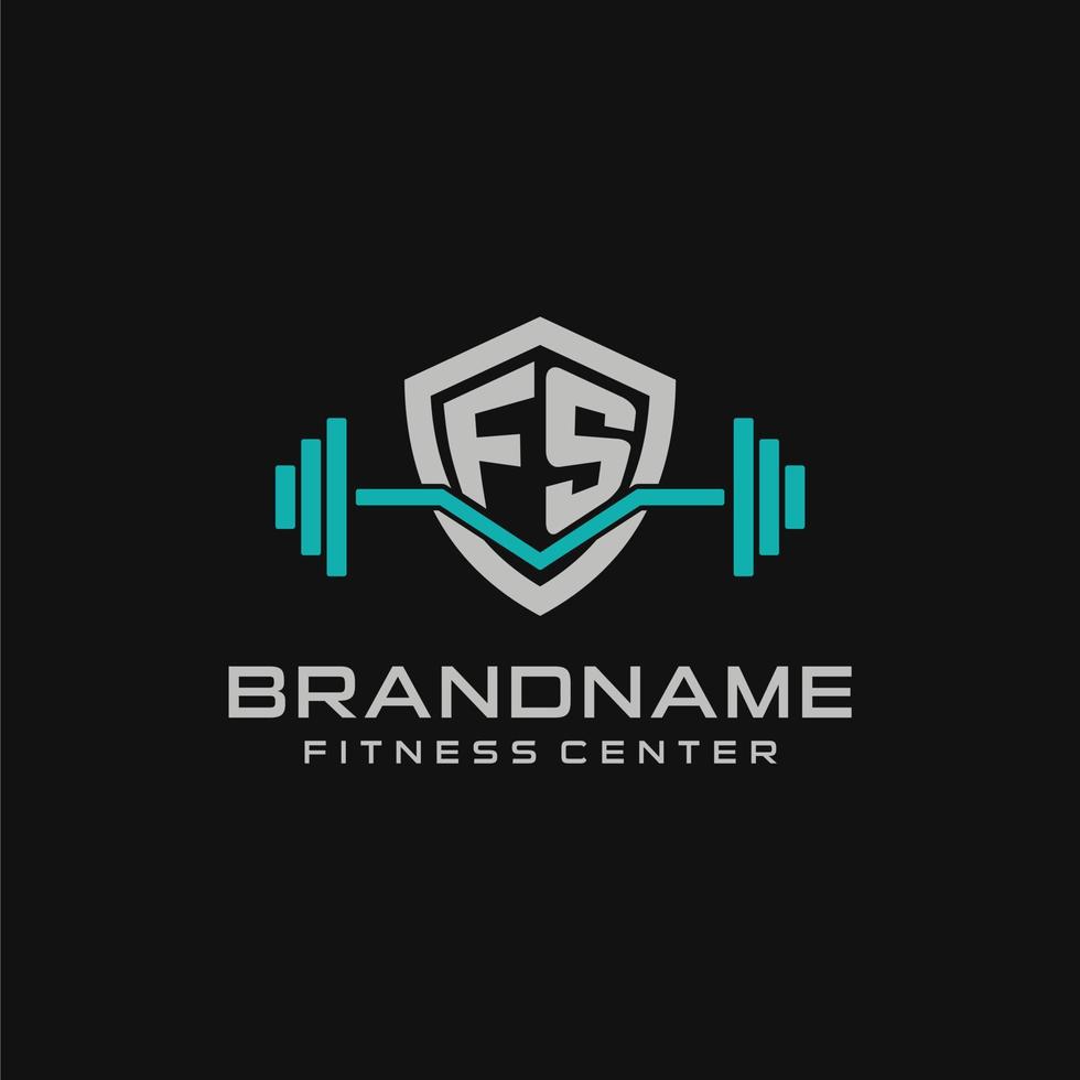 Creative letter FS logo design for gym or fitness with simple shield and barbell design style vector