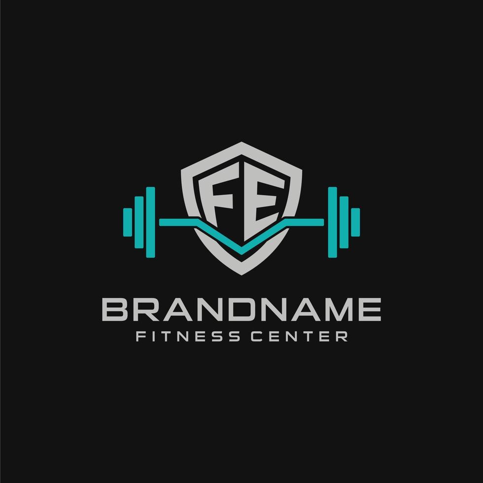 Creative letter FE logo design for gym or fitness with simple shield and barbell design style vector