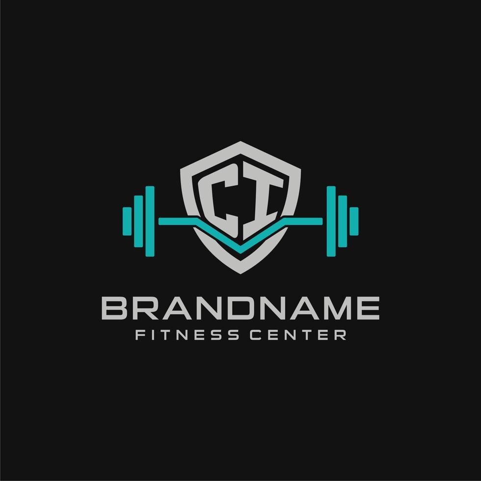 Creative letter CI logo design for gym or fitness with simple shield and barbell design style vector