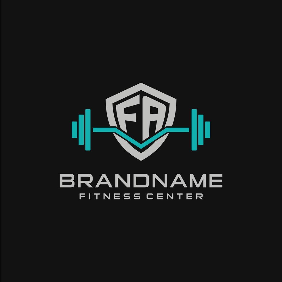 Creative letter FA logo design for gym or fitness with simple shield and barbell design style vector