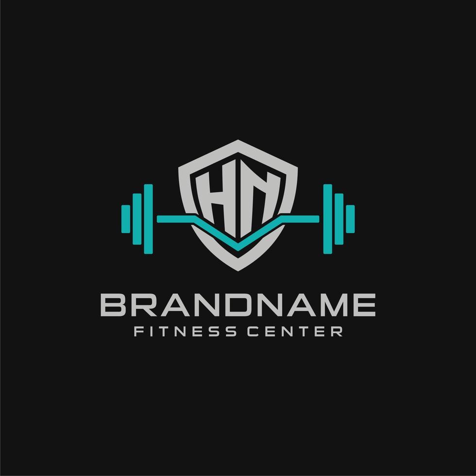 Creative letter HN logo design for gym or fitness with simple shield and barbell design style vector