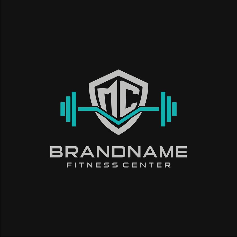 Creative letter MC logo design for gym or fitness with simple shield and barbell design style vector