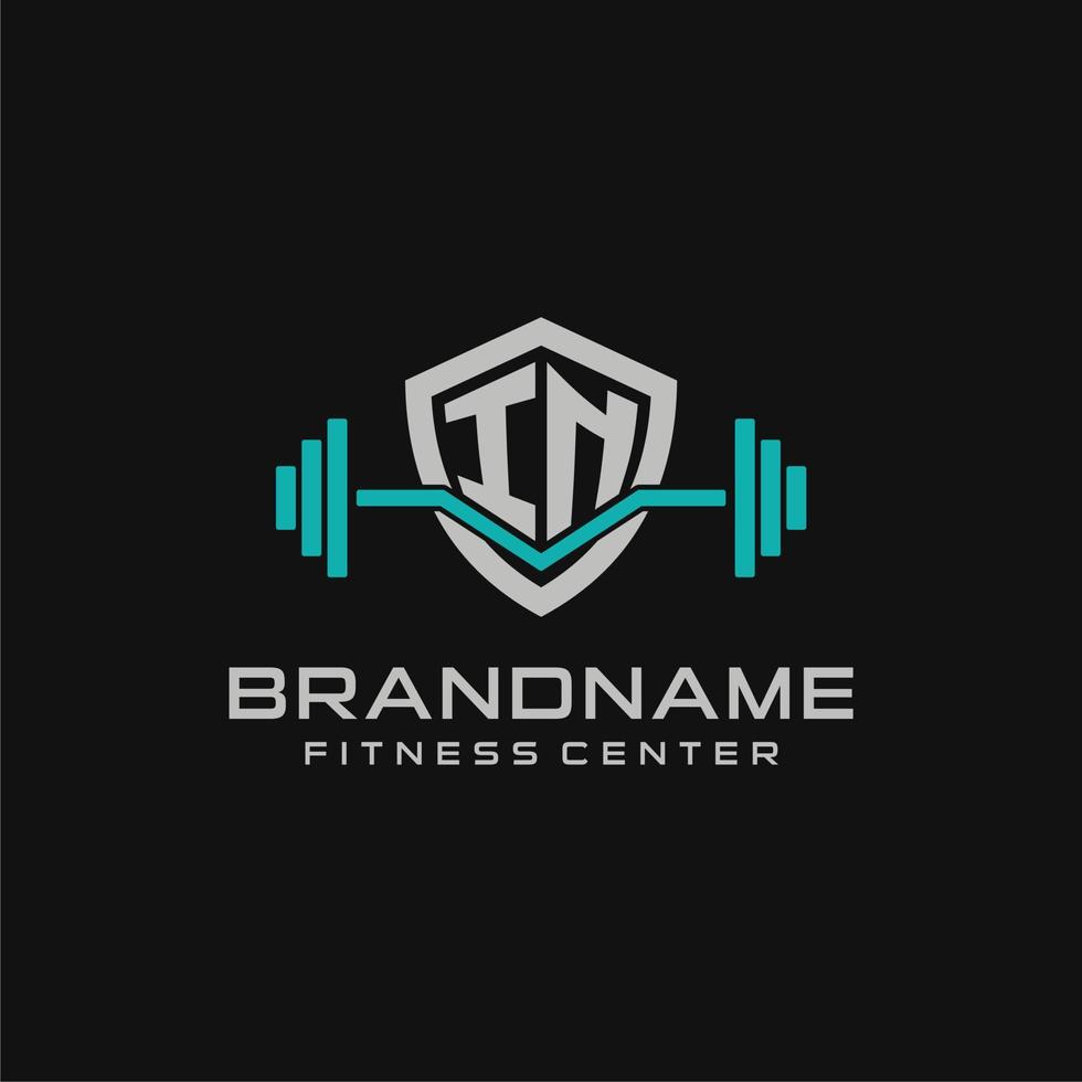 Creative letter IN logo design for gym or fitness with simple shield and barbell design style vector