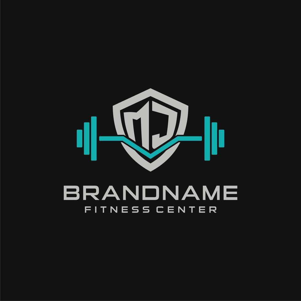 Creative letter MJ logo design for gym or fitness with simple shield and barbell design style vector