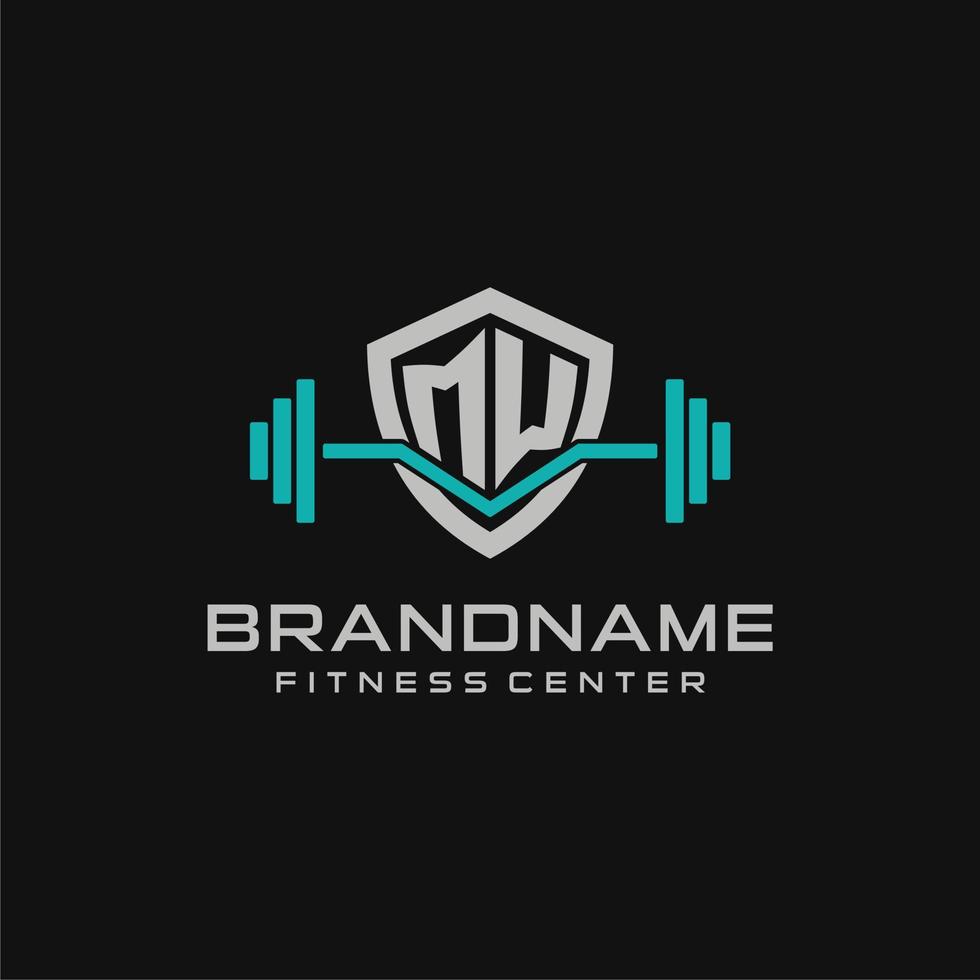 Creative letter MW logo design for gym or fitness with simple shield and barbell design style vector
