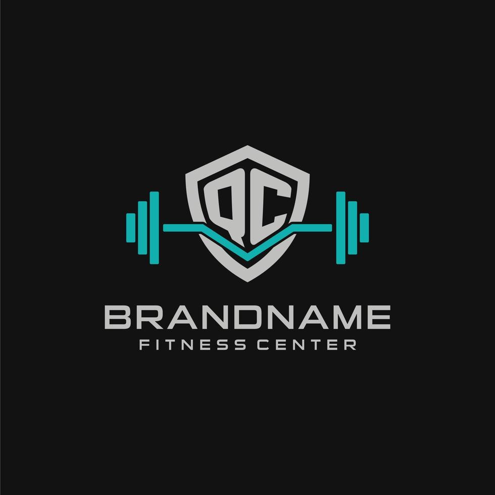 Creative letter QC logo design for gym or fitness with simple shield and barbell design style vector